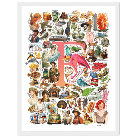 "F is for Festive" — a Renard Roux alphabet poster with English F words (red version)