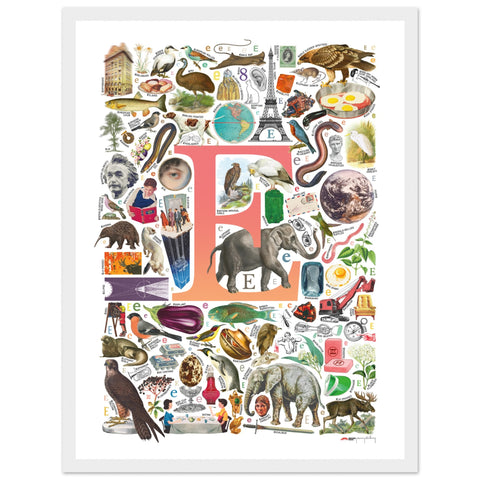 "E is for Explore" — a Renard Roux alphabet poster with English E words (red version)