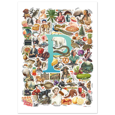 "P is for Pioneer" — a Renard Roux alphabet poster with English P words (turquoise version)