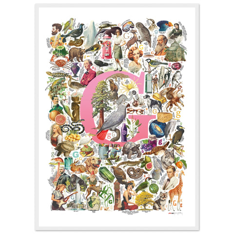 "G is for Great" — a Renard Roux alphabet poster with English G words (pink version)