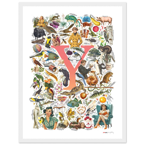 "Y is for Yonder" — a Renard Roux alphabet poster with English Y words (red version)