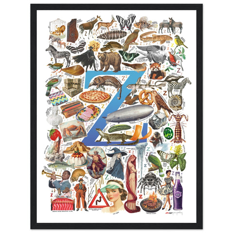 "Z is for Zenith" — a Renard Roux alphabet poster with English Z words (blue version)