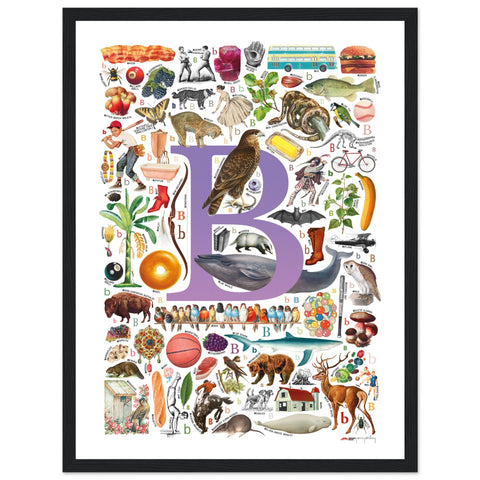 "B is for Brave" — a Renard Roux alphabet poster with English B words (purple version)