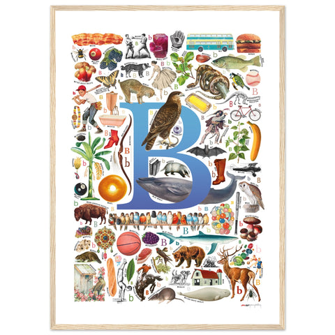 "B is for Brave" — a Renard Roux alphabet poster with English B words (blue version)