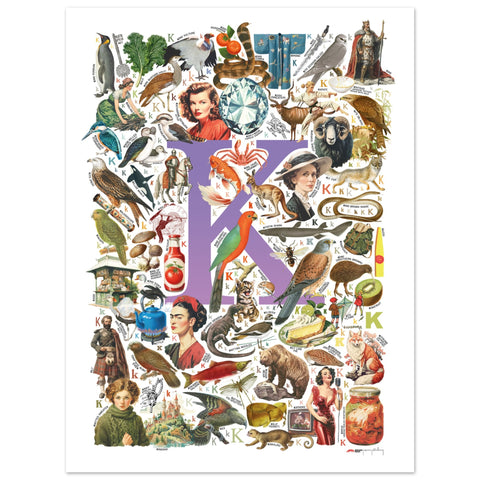 "K is for Keen" — a Renard Roux alphabet poster with English K words (purple version)