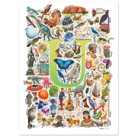 "U is for Unique" — a Renard Roux alphabet poster with English U words (chartreuse version)