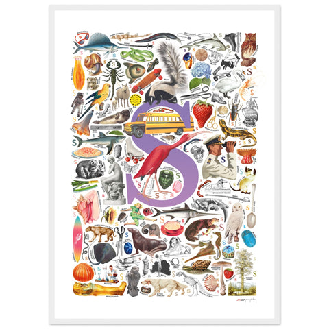 "S is for Surprise" — a Renard Roux alphabet poster with English S words (purple version)