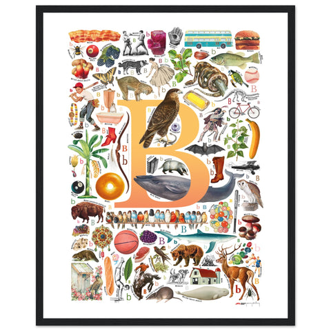 "B is for Brave" — a Renard Roux alphabet poster with English B words (yellow version)