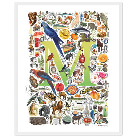 "M is for Magical" — a Renard Roux alphabet poster with English M words (chartreuse version)