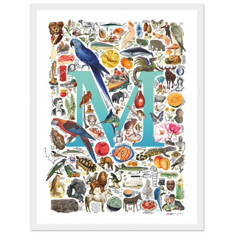 "M is for Magical" — a Renard Roux alphabet poster with English M words (turquoise version)