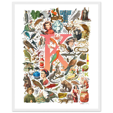 "K is for Keen" — a Renard Roux alphabet poster with English K words (red version)