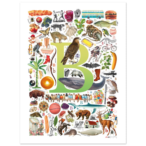 "B is for Brave" — a Renard Roux alphabet poster with English B words (chartreuse version)