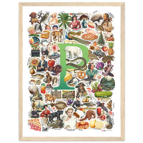 "P is for Pioneer" — a Renard Roux alphabet poster with English P words (green version)