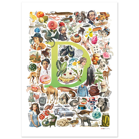 "D is for Discovery" — a Renard Roux alphabet poster with English D words (chartreuse version)