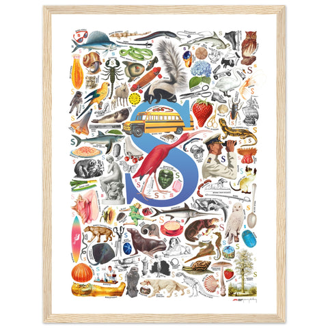 "S is for Surprise" — a Renard Roux alphabet poster with English S words (blue version)