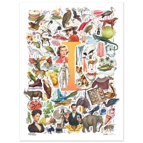 "I is for Imagination" — a Renard Roux alphabet poster with English I words (yellow version)
