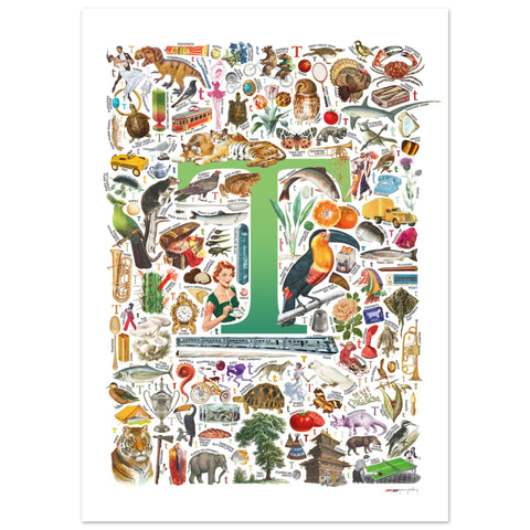 "T is for Treasure" — a Renard Roux alphabet poster with English T words (green version)