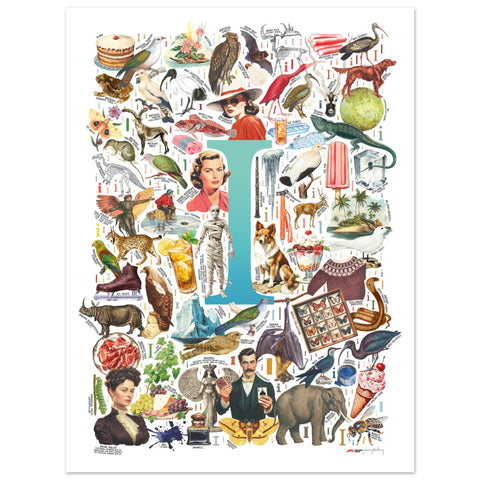 "I is for Imagination" — a Renard Roux alphabet poster with English I words (turquoise version)