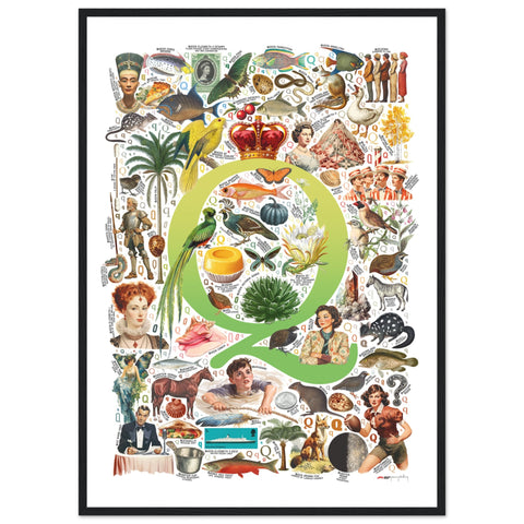 "Q is for Quest" — a Renard Roux alphabet poster with English Q words (chartreuse version)