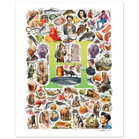 "H is for Heroes" — a Renard Roux alphabet poster with English H words (chartreuse version)