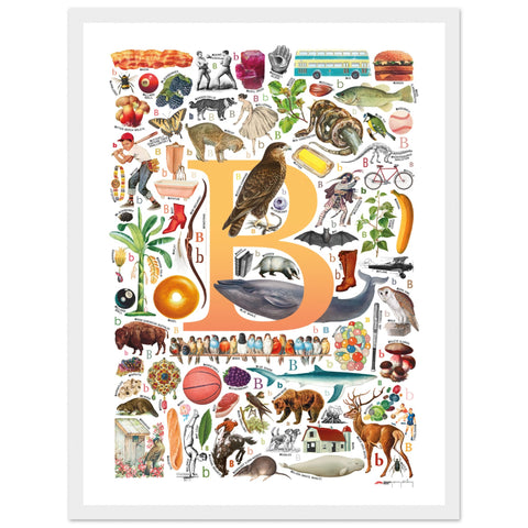 "B is for Brave" — a Renard Roux alphabet poster with English B words (yellow version)