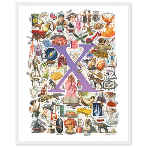 "X is for Xanadu" — a Renard Roux alphabet poster with English X words (purple version)