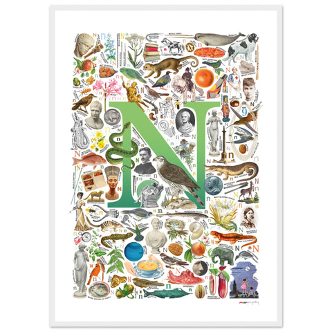 "N is for Nature" — a Renard Roux alphabet poster with English N words (green version)