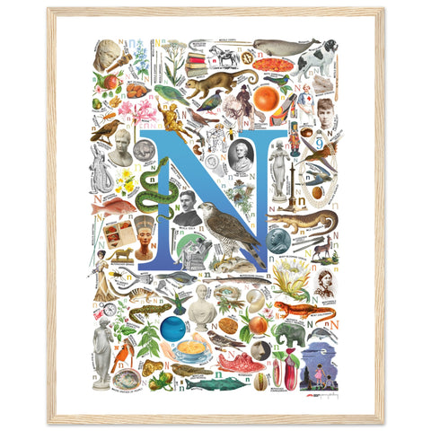 "N is for Nature" — a Renard Roux alphabet poster with English N words (blue version)