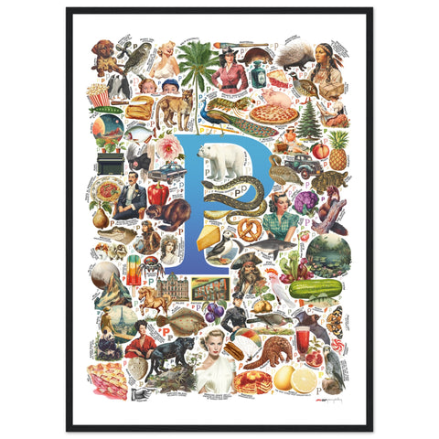 "P is for Pioneer" — a Renard Roux alphabet poster with English P words (blue version)