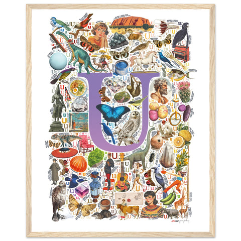 "U is for Unique" — a Renard Roux alphabet poster with English U words (purple version)