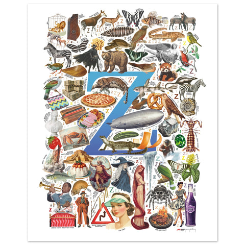 "Z is for Zenith" — a Renard Roux alphabet poster with English Z words (blue version)