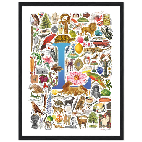 "L is for Learning" — a Renard Roux alphabet poster with English L words (blue version)