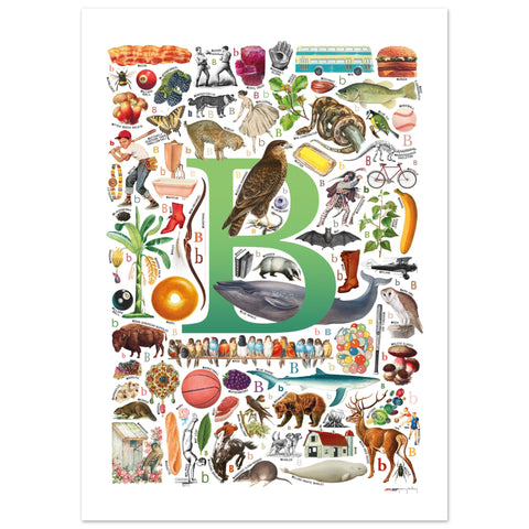 "B is for Brave" — a Renard Roux alphabet poster with English B words (green version)