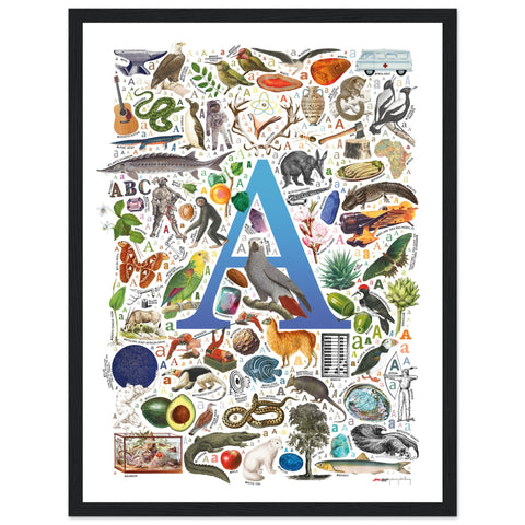 "A is for Adventure" — a Renard Roux alphabet poster with English A words (blue version)