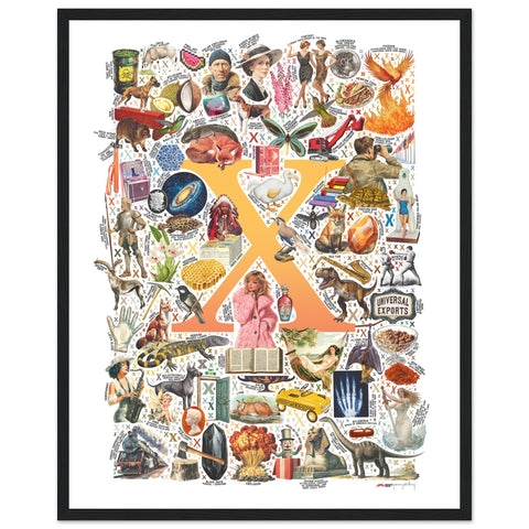 "X is for Xanadu" — a Renard Roux alphabet poster with English X words (yellow version)