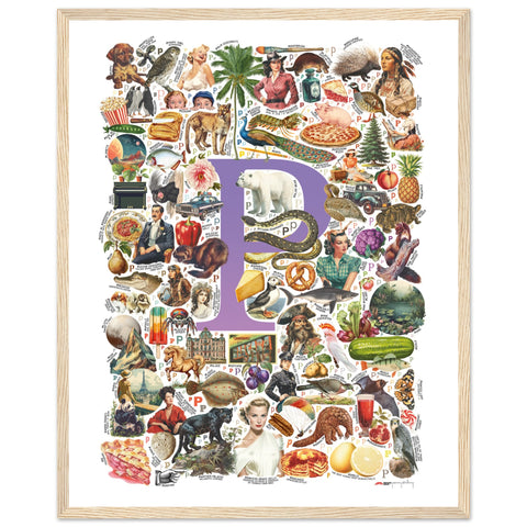 "P is for Pioneer" — a Renard Roux alphabet poster with English P words (purple version)