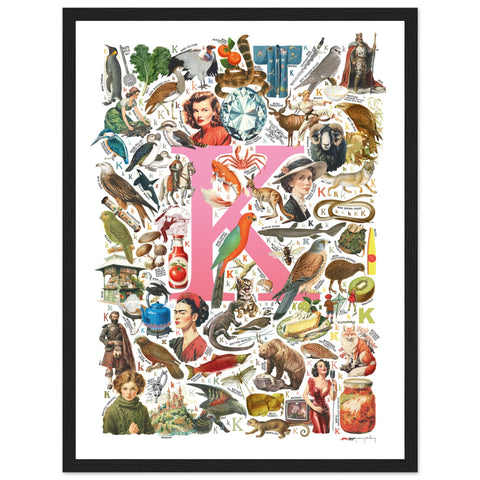 "K is for Keen" — a Renard Roux alphabet poster with English K words (pink version)