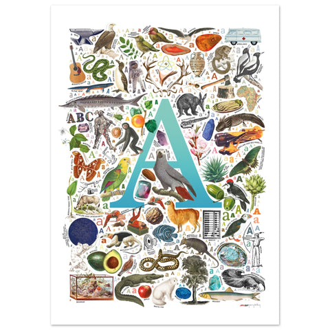"A is for Adventure" — a Renard Roux alphabet poster with English A words (turquoise version)