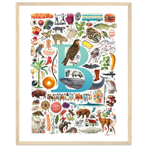 "B is for Brave" — a Renard Roux alphabet poster with English B words (turquoise version)