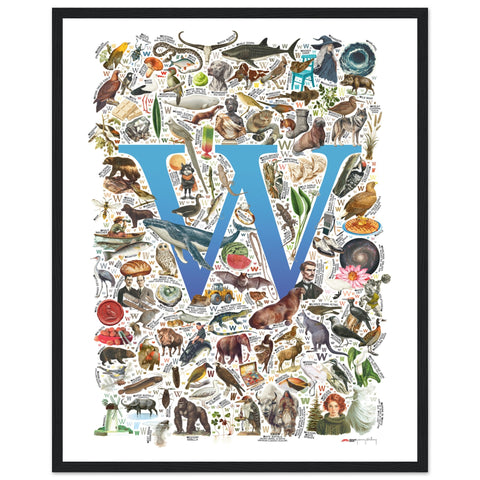 "W is for Wonder" — a Renard Roux alphabet poster with English W words (blue version)