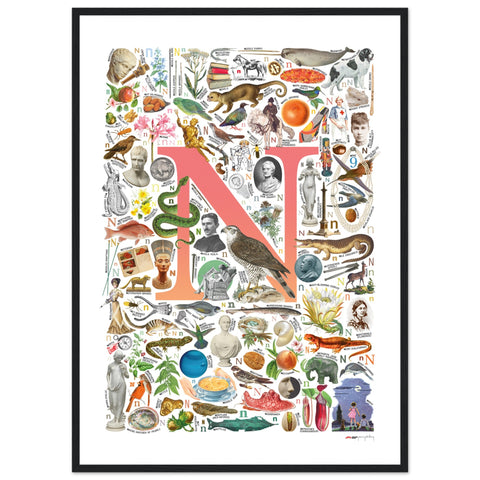 "N is for Nature" — a Renard Roux alphabet poster with English N words (red version)