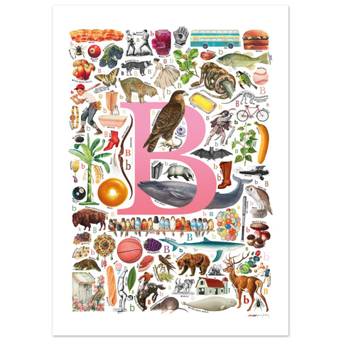 "B is for Brave" — a Renard Roux alphabet poster with English B words (pink version)