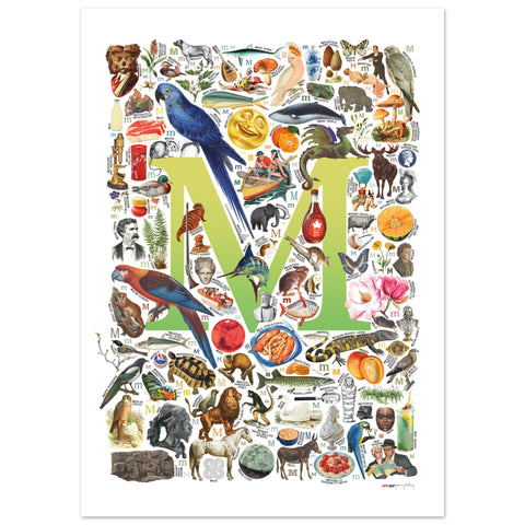 "M is for Magical" — a Renard Roux alphabet poster with English M words (chartreuse version)