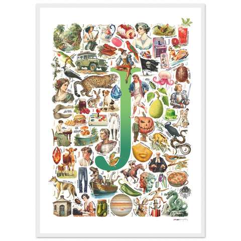 "J is for Journey" — a Renard Roux alphabet poster with English J words (green version)