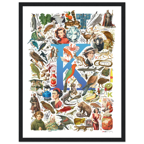 "K is for Keen" — a Renard Roux alphabet poster with English K words (blue version)