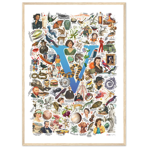 "V is for Voyage" — a Renard Roux alphabet poster with English V words (blue version)