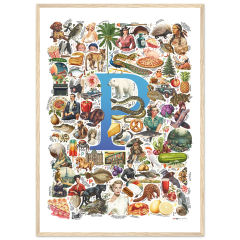 "P is for Pioneer" — a Renard Roux alphabet poster with English P words (blue version)