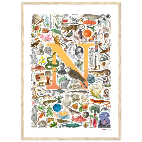 "N is for Nature" — a Renard Roux alphabet poster with English N words (yellow version)