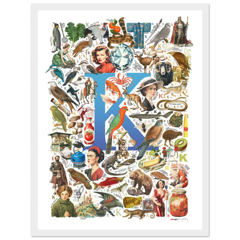 "K is for Keen" — a Renard Roux alphabet poster with English K words (blue version)