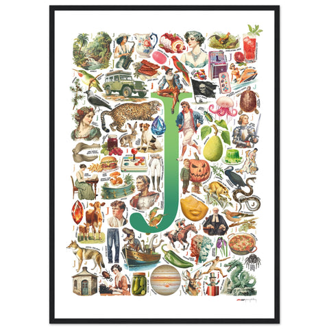 "J is for Journey" — a Renard Roux alphabet poster with English J words (green version)